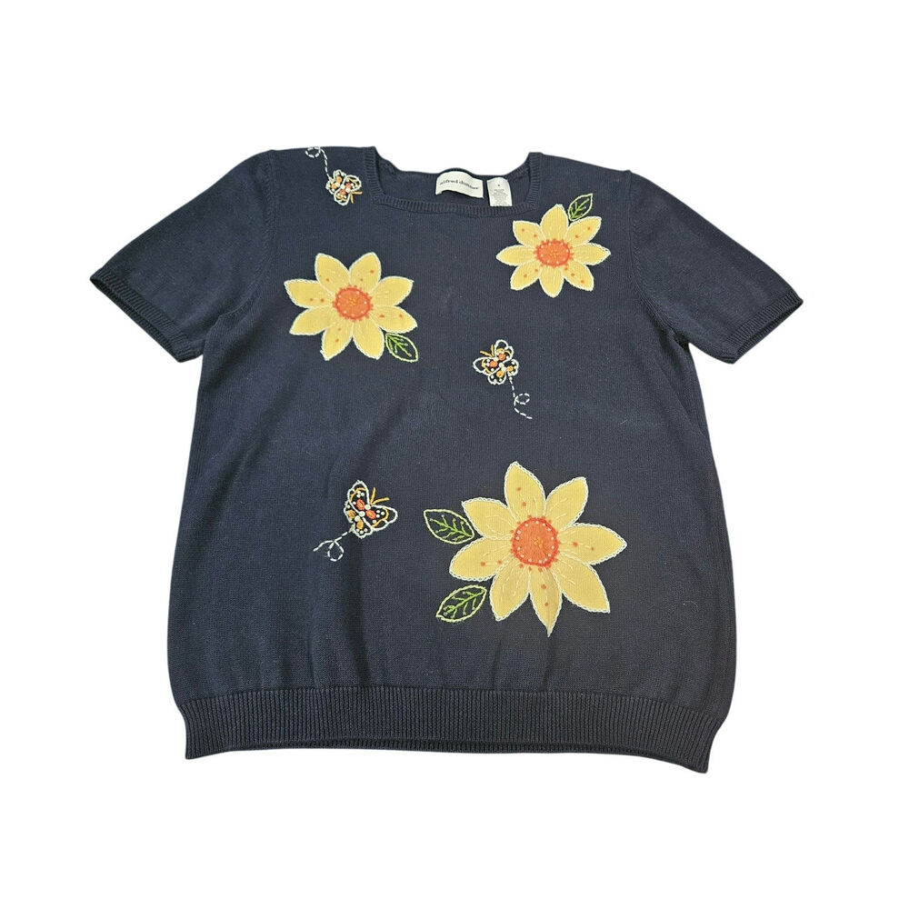 Alfred Dunner Daisy Floral Embroidered Sweater Top Navy Butterfly NWT S